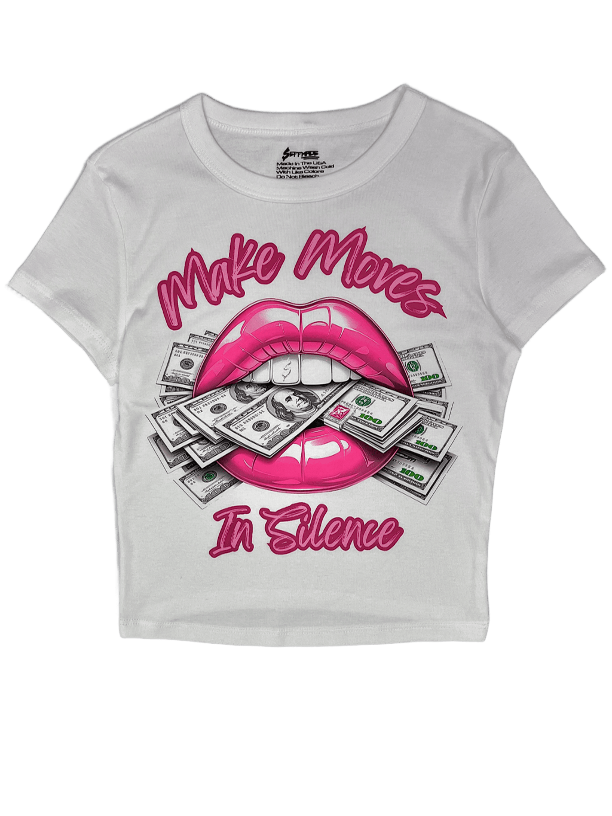 White Make Moves in Silence women’s baby tee featuring a bold hot pink lips-and-money graphic with the words “Make Moves in Silence.” Women’s graphic T-shirt and women’s crop top by SESMade.